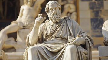 Statue of a philosopher seated in contemplation, showcasing intricate details at a historical architecture site during daylight photo