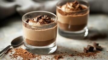 Chocolate mousse dessert served in glass cups on a rustic table, garnished with grated chocolate and cocoa powder during an afternoon gathering photo
