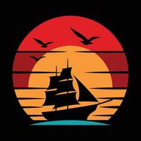 Silhouette of a sailing ship with large red and orange sails vector