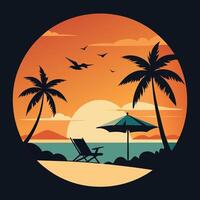palm tree on beach. Umbrella and table with coconut and cocktail. vector