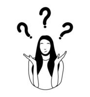 Simple flat illustration of question dilemma problem concept, isolated on white cartoon woman character, solution business asking analysis mark. vector