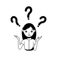 Confused woman face. Simple flat illustration of question dilemma problem concept, isolated on white cartoon character, business asking analysis mark. vector
