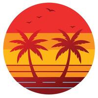 Sunset scene with palm trees and birds. vector