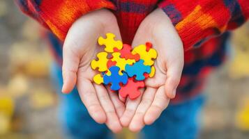 Child holds colorful puzzle pieces outdoors during autumn while wearing a cozy red and blue striped sweater photo