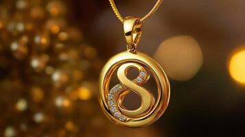 Gold pendant featuring an intricate design with diamonds against a soft, warm background illuminated by golden bokeh lights photo