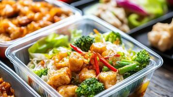 Colorful stir-fried vegetable and chicken dish in takeout container at a restaurant during lunch hours photo