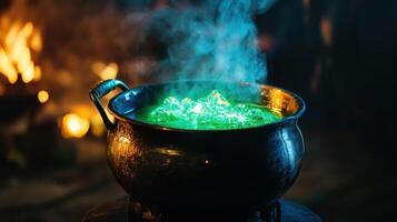 Mysterious green potion simmers in a cauldron surrounded by flickering flames in a dimly lit setting during a night gathering photo