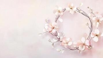 Beautiful floral wreath with soft pink blossoms against a pastel background, perfect for spring decorations and celebrations in a tranquil setting photo