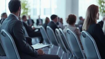 A discerning professional audience attentively engages with a speaker at a dynamic business conference held in a contemporary corporate venue photo