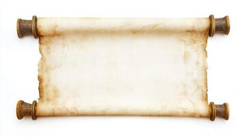 Old parchment scroll with decorative end caps placed on a white background ready for writing or artistic display photo