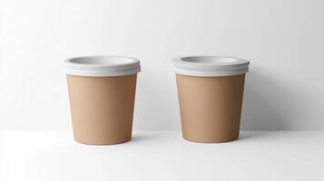 Two minimalistic disposable cups on a clean white surface ready for beverages at a cozy cafe setting photo