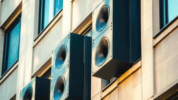 Large outdoor speakers are affixed to the exterior of a building, situated in a bustling urban environment during the daytime hours photo