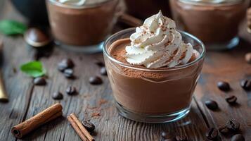 Decadent chocolate mousse topped with whipped cream and garnished with cocoa powder and cinnamon sticks on a rustic wooden table photo