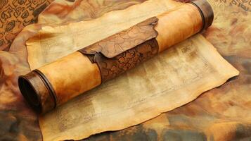 Ancient parchment scroll rests on textured background showcasing intricate designs and warm earthy tones in a historical context photo