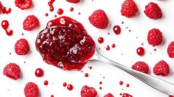 Fresh raspberries and rich raspberry jam arranged on a white surface creating a vibrant and appetizing display of colors and textures photo