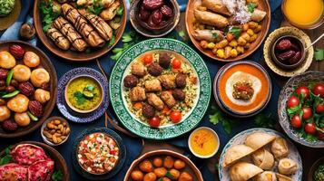 Diverse array of Middle Eastern dishes displayed on a colorful table, showcasing traditional flavors, vibrant colors, and various textures at a festive gathering photo