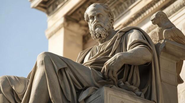 A statue of a philosopher is seated in a thoughtful pose, positioned in front of a grand ancient building under the warmth of a sunny day photo