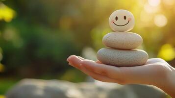 Handholding three stacked stones with a smiling stone on top in a serene outdoor setting during golden hour photo