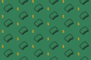 cash money bills with dollar currency symbol outline seamless pattern on green background set. doodle money illustration pattern background. dollar money background for packaging and merchandise vector