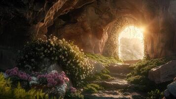 A cave with flowers and grass in the background photo