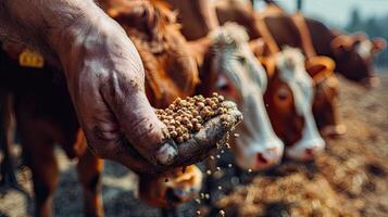 A person is feeding grain to a group of cows photo