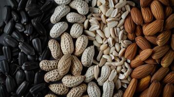 Various types of nuts and seeds on a black background photo