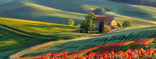 A beautiful landscape with a church and red flowers photo
