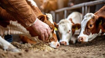 A man is feeding hay to cows in a pen photo
