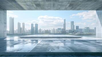 An empty room with a view of a city photo