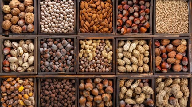Various nuts and seeds in wooden boxes photo