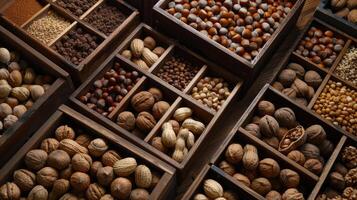 Nutty and dried nuts in wooden boxes photo
