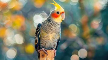 A colorful parrot sits on top of a wooden post photo