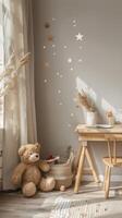 A room with a wooden table, chair and teddy bear photo