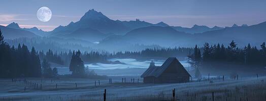 A mountain scene with a cabin in the distance photo