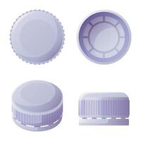 Bottle cap. Set of caps from different angles, top and bottom view, side view. Plastic caps for water containers. Recycling of plastic caps, plastic trash. illustration on white background. vector