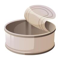 Open tin can, trash, empty metal can, used aluminum food container, cartoon style on white background. Recycling, nature pollution, garbage reuse concept. vector
