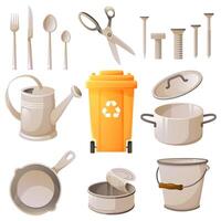 Set of metal trash, scrap metal. Yellow trash container. Iron utensils, tin can, nails, iron scissors. Garbage recycling, reuse, zero waste. illustration in cartoon style. vector