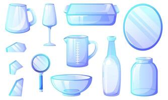 Set of glass objects for recycling, empty glassware, mirror, magnifying glass, bottle, glass shards, salad bowl. illustration on white background. vector