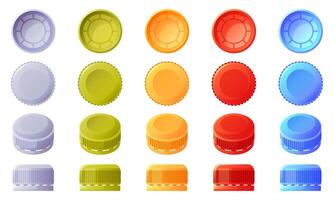 Bottle cap of different colors. Set of caps from different angles, top and bottom view, side view. Recycling of plastic caps, plastic trash. illustration on white background. vector