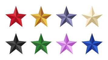 Set of three-dimensional stars, each of which has a different shade of colour. icons with brightly coloured stars on an isolated background vector