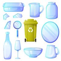 Set of glass objects for recycling, green trash bin, reuse garbage, zero waste, recycle. Empty glassware, mirror, magnifying glass, bottle, glass shards, salad bowl. Illustration on white background. vector