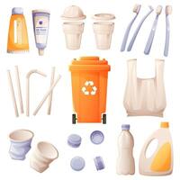 A set of different plastic waste and a yellow container for waste collection. Recycling, waste sorting. Pollution of the earth with plastic waste, an environmental problem. vector