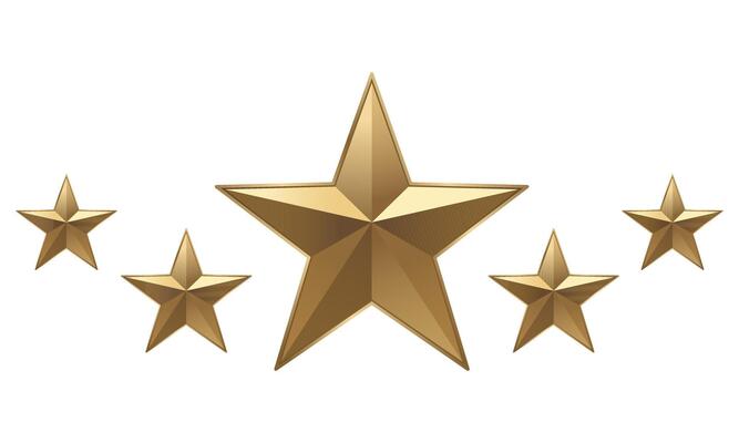 Set of 5 gold stars, for rating, review .Isolated on white background. realistic five golden stars