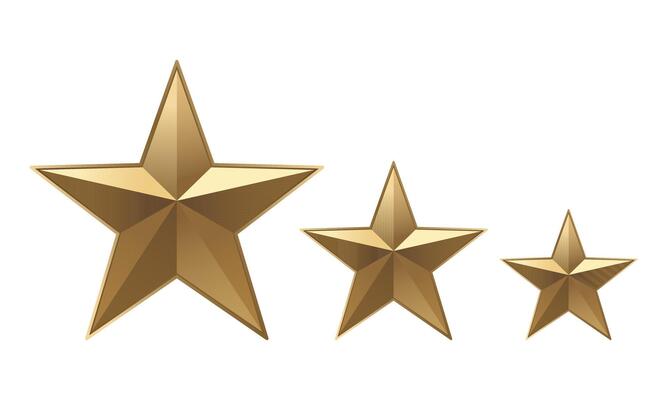 Set of 3 gold stars isolated on white background. realistic three golden stars