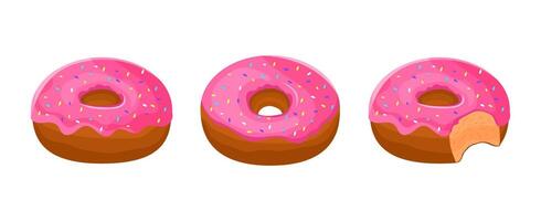 Donut with pink glaze and coloured sprinkles from different angle and bitten off donut. Sweet pastry, dessert illustration of donut icon on white background vector