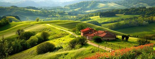 A house on a hill in the middle of a green valley photo