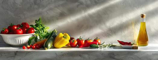 A table with a bowl of vegetables and a bottle of olive oil photo