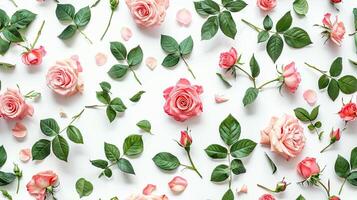 Pink roses are arranged in a pattern on a white background photo