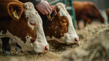 A man is feeding hay to two cows photo