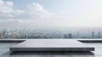 Empty concrete platform on a rooftop with cityscape in the background photo